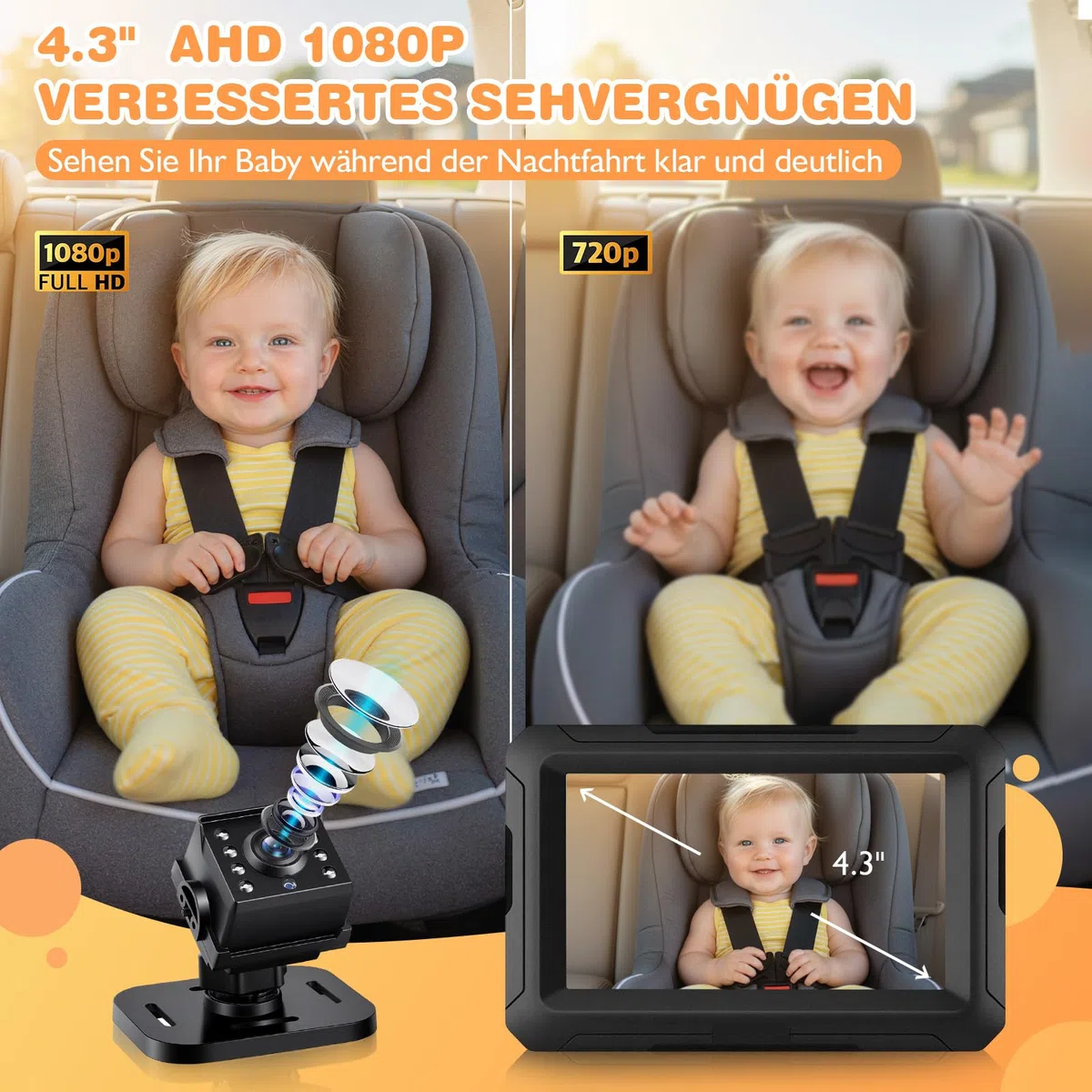 Zacro Baby Kamera Auto, Spiegel Auto Baby Rückbank 1080P, USB-C Plug-and-Play, Baby Autospiege mit HD Nachtsicht und 150° Betrachtungswinkel, Auto Rücksitzspiegel, Babyspiegel Rückansicht Monitor