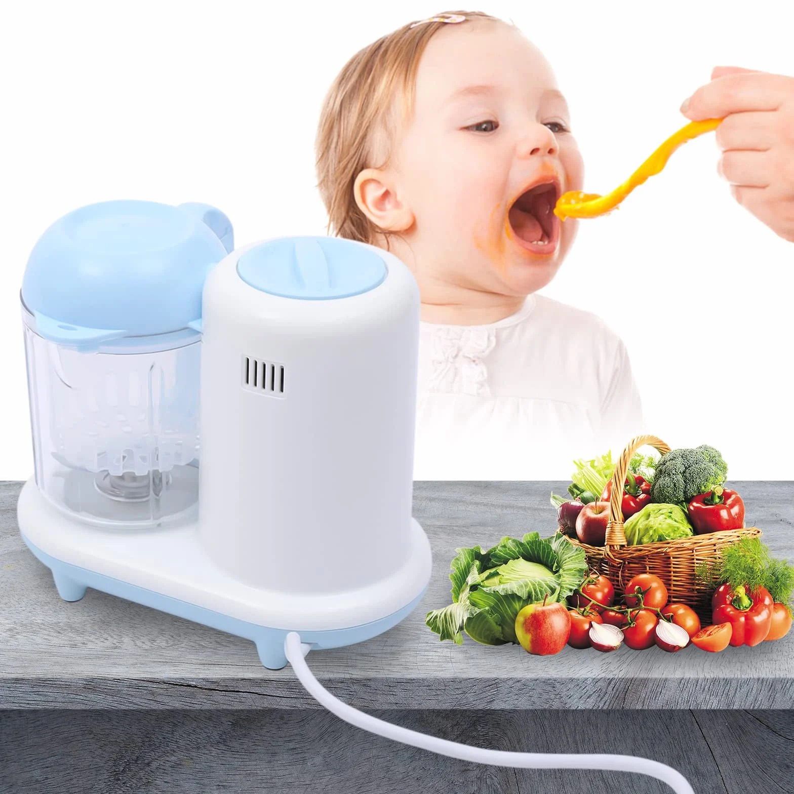 Babynahrungszubereiter Mixer und Dampfgarer für Pürierte Lebensmittel zum Rühren und Dämpfen von Obst Gemüse Getreide Fisch 23.7 * 17.1 * 20.4CM Blau und Weiß
