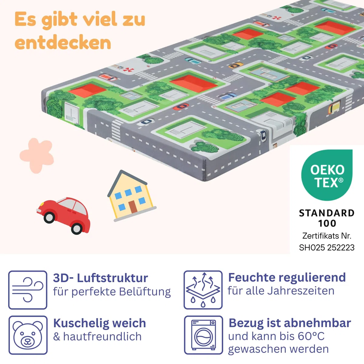 Arensberger Reisebett Matratze für Kinderbetten, Kinderreisebett 60x120 cm, 6cm Hoch, faltbar klappbar, Gelschaum, waschbarer Bezug, Tragetasche, Babybettmatratze, Babymatratze Kindermatratze, Öko-Tex