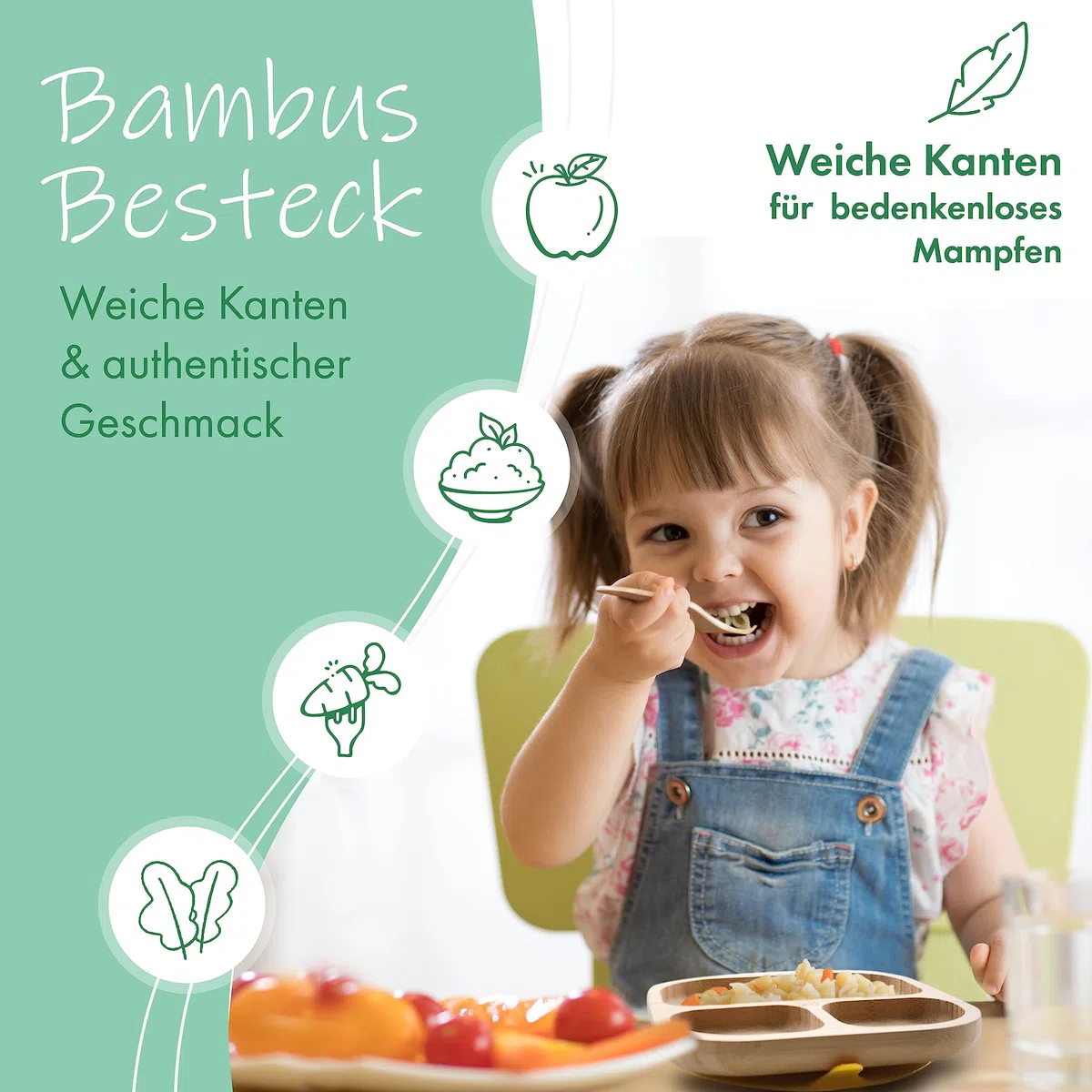 Bambus Kinderteller | TÜV Geprüfter Baby Teller mit Saugnapf & Esslernbesteck | BLW Beikost Zubehör | Esslernlöffel Baby Melamin & BPA frei | Kinder Teller mit Saugnapf | Kinderbetseck