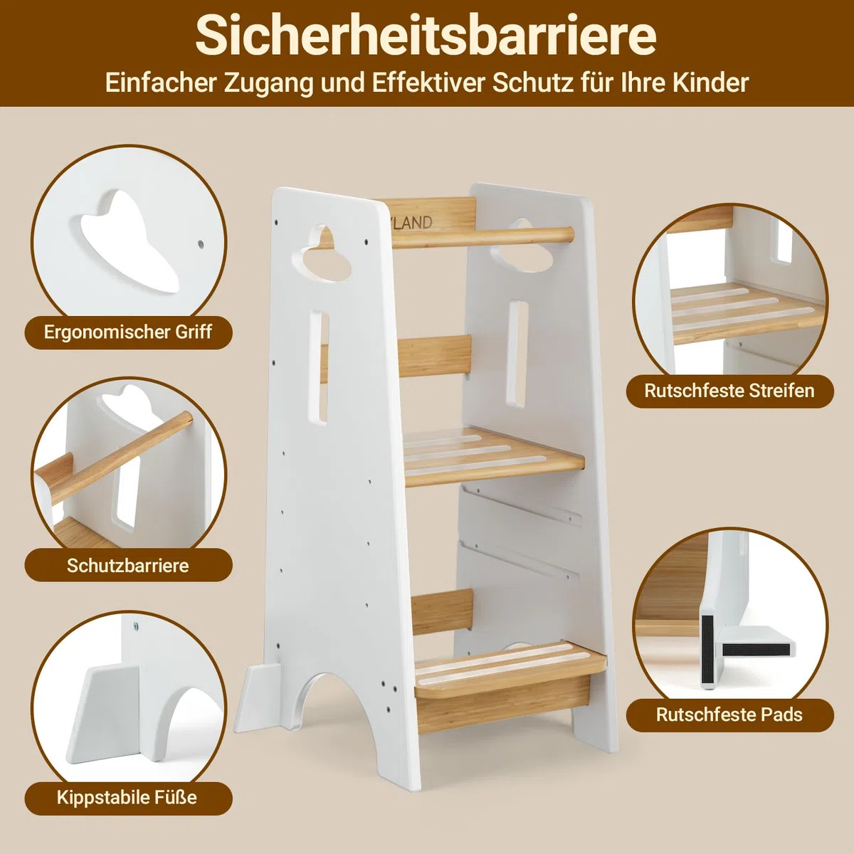 COSYLAND Lernturm ab 1 Jahr - Höhenverstellbarer Learning Tower für Kinder (3-stufig) - Montessori mit Kippschutz & Massivholz (Weiß und Holz)