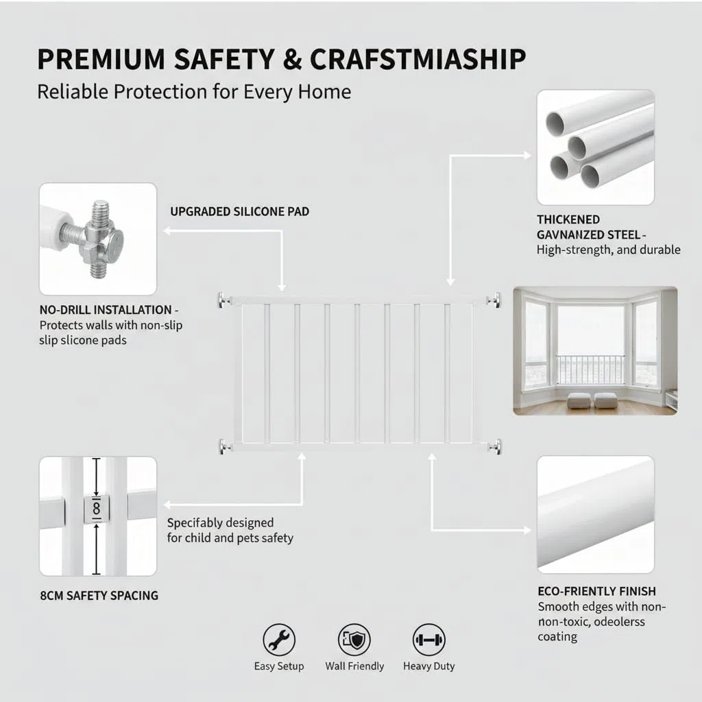 Französisches Balkongeländer für den Innenbereich, Fenstergitter, Balustraden, verstärkte Stahl-Sicherheitsstangen für Kinder, Sturzprävention, einfache Druckmontage, Stützfläche über 4 cm (Weiß, 80 x