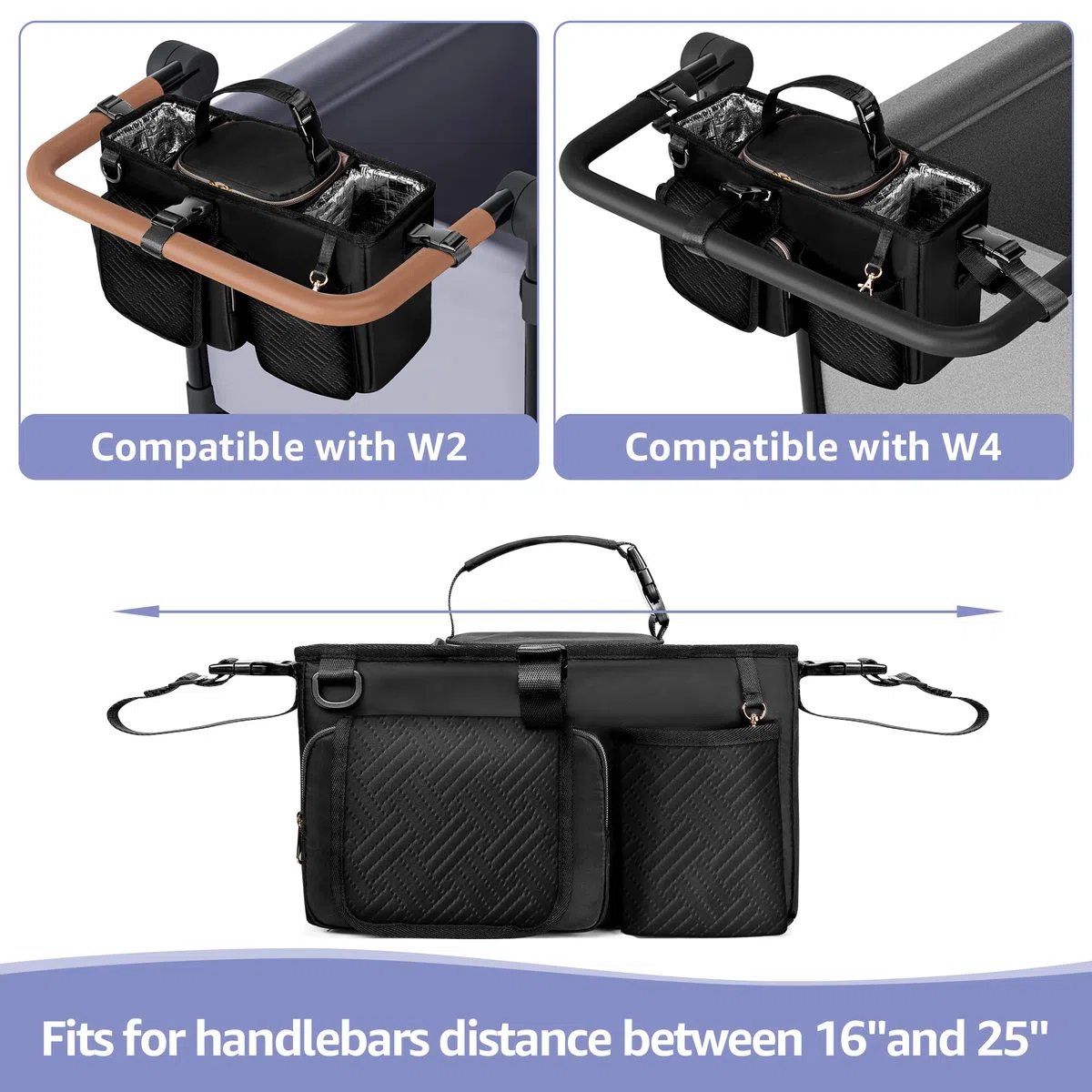 Kinderwagen Organizer für Elternkonsole, Kompatibel mit WONDERFOLD W2, Kinderwagen Caddy mit 2 Isolierten Getränkehaltern und Abnehmbarer Kühltasche, Schwarz (Leere Tasche)