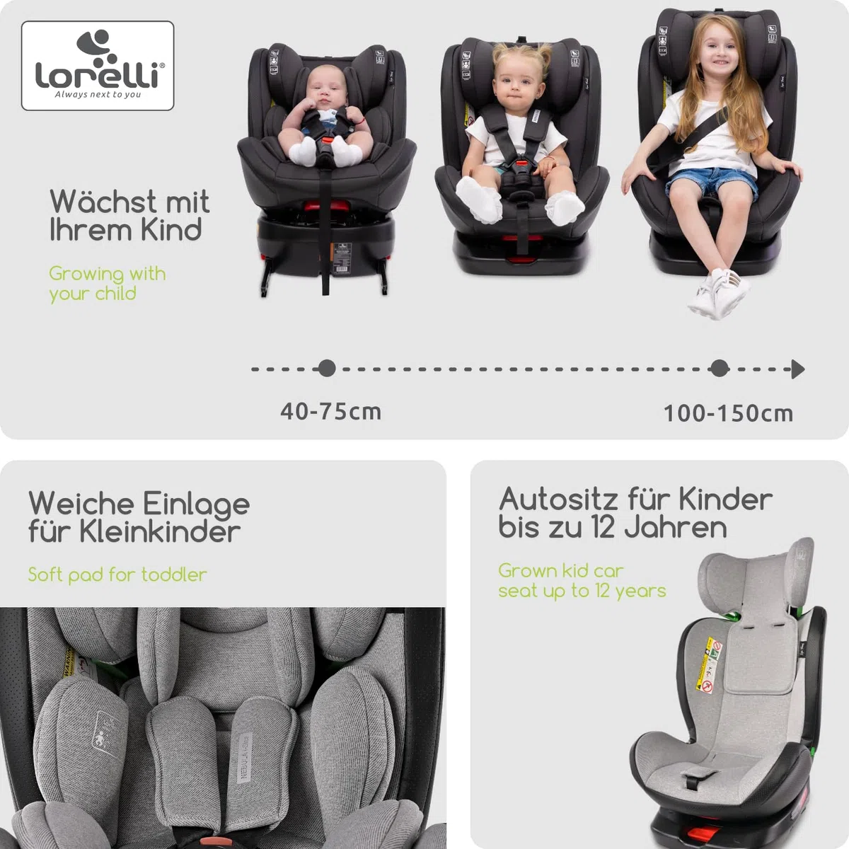 Lorelli Auto Kindersitz Nebula mit Isofix, 360 Grad drehbar, (0-36 kg) Mitwachsender Autositz i-Size 40-150cm - Gruppe 0+/1/2/3, Babysitz ab Geburt, 5-Punkt-Gurt, Einstellbare Kopfstütze, grau