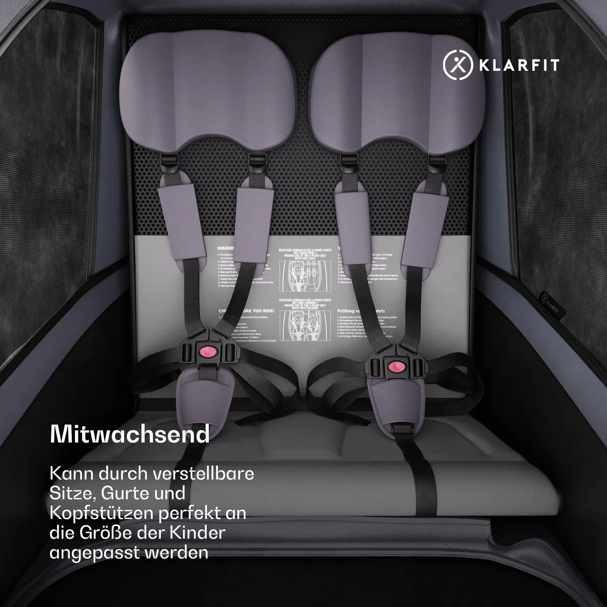 Klarfit GoKiddo Fahrradanhänger 2 Kinder - 2-in-1 Fahrradanhänger & Buggy mit Bremsen, Sicherheitsgurten, Verstellbaren Sitzen, 40kg Kapazität, Regen & UV Schutz, Zusammenklappbar, Dunkelgrau