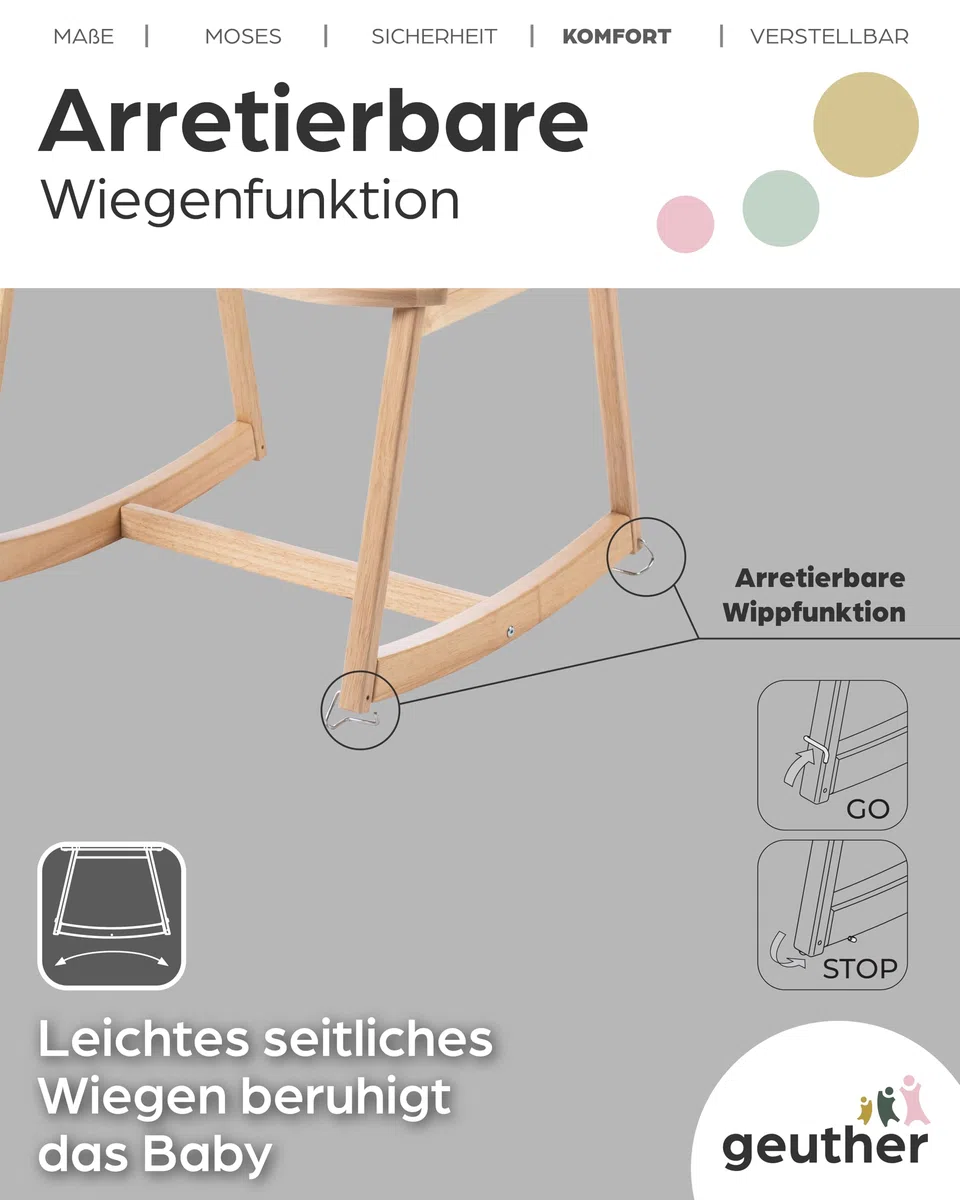 Geuther Untergestell für Moseskorb Baby | Stubenwagen mit Schaukelfunktion für Geuther Babynestchen, Baby Beistellbett | aus nachhaltigem & massivem Gummibaumholz, Baby Bett Gestell, naturfarben