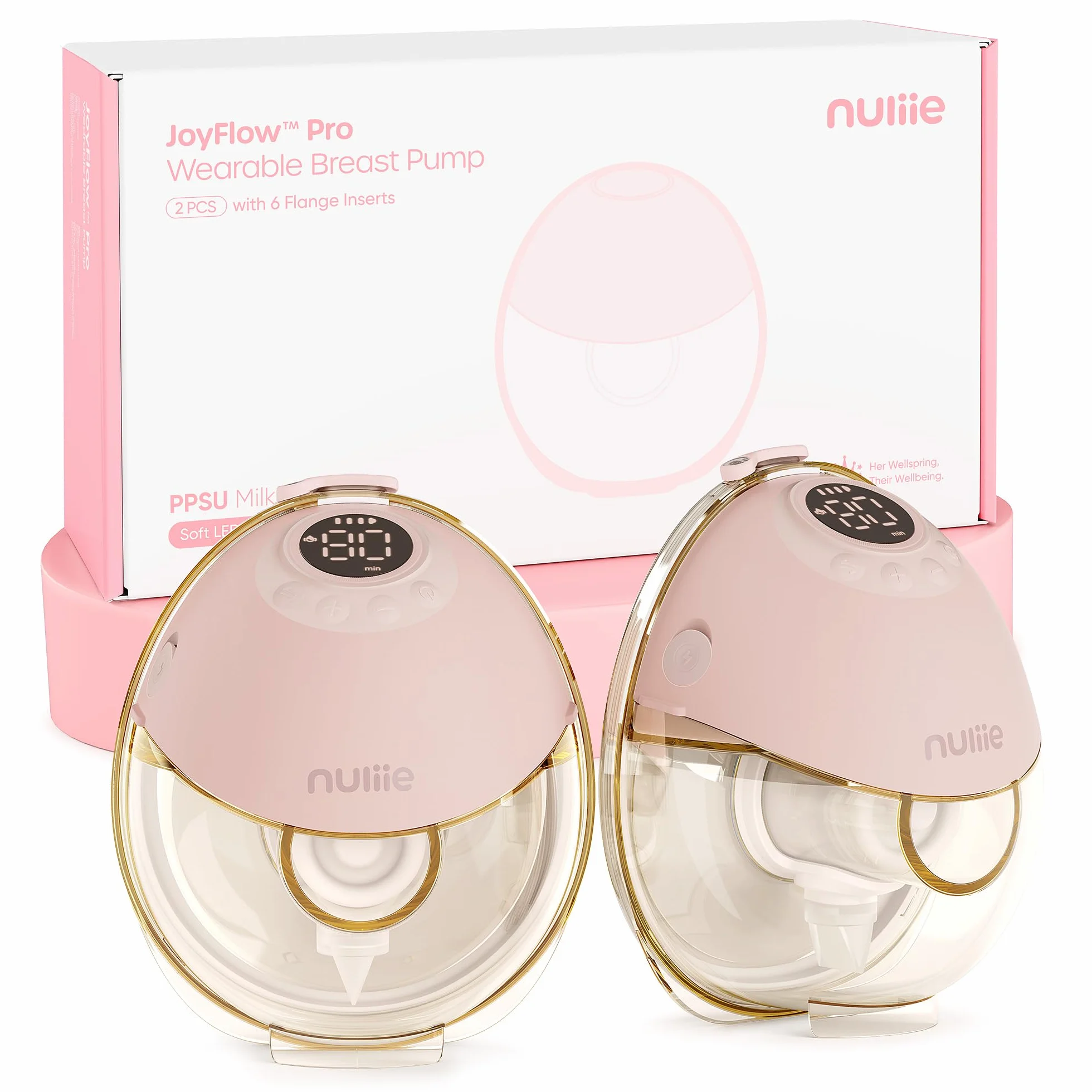 Nuliie JoyFlow Pro Tragbare Milchpumpe mit Nachtlicht & PPSU-Auffangbehälter, BPA-frei, elektrische Hands-Free Milchpumpe, 4 Modi & 12 Stufen, 24 mm Trichter inkl. 17/19/21 mm Einsätze, 2er-Pack Rosa