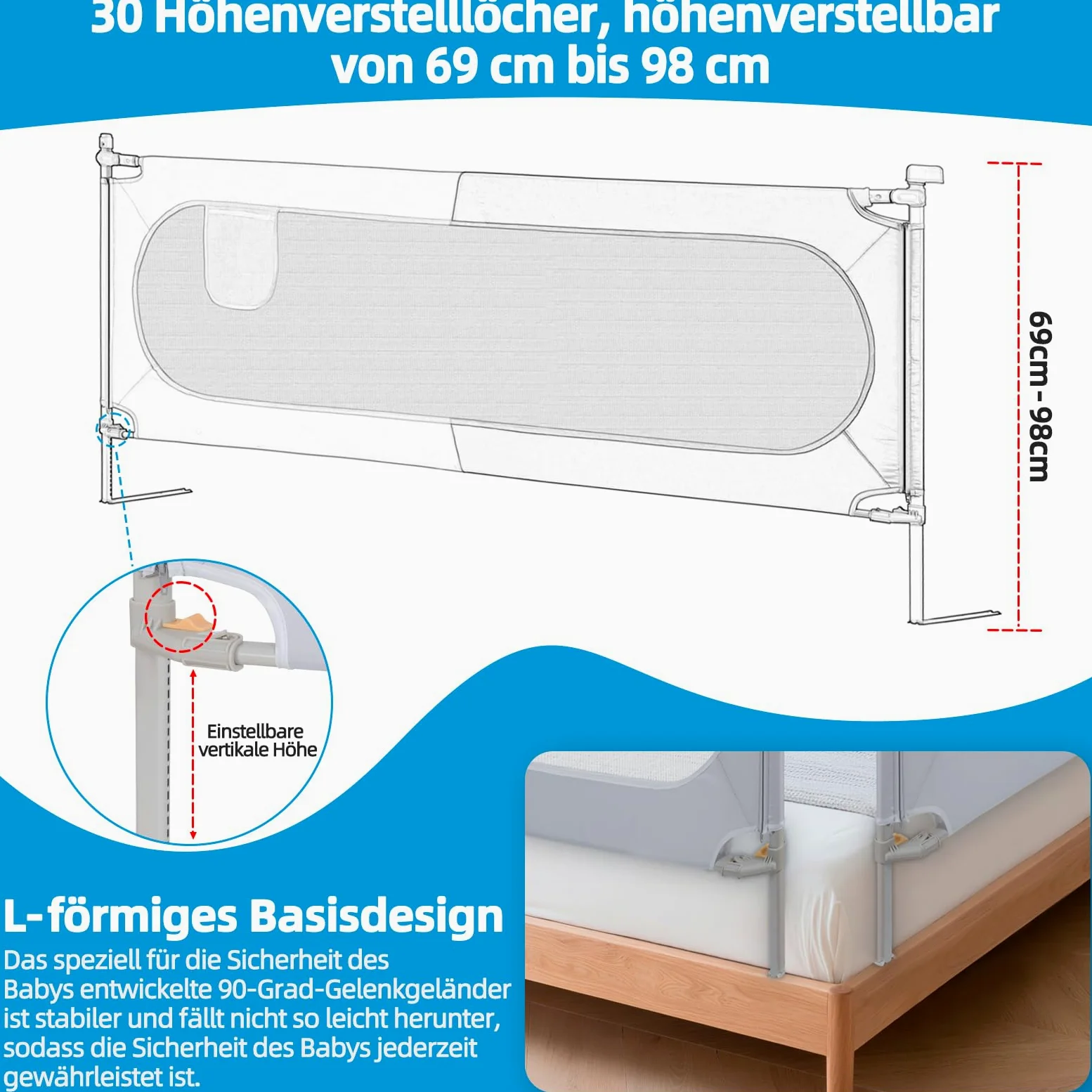 OUUTMEE 200cm Bettschutzgitter Bett Rausfallschutz Kinder Klappbar Rausfallschutz 30 Fach Höhenverstellbar Bettgitter,Grau-Weißes Farbblockmuster