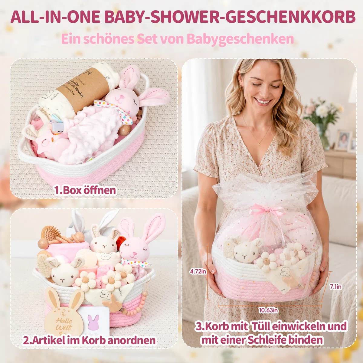 Baby Geschenk 20-teilig, Neugeborenen Set, Geschenk zur Geburt | Set mit Decke, Haarband, Holzrassel, Baby Schnuffeltuch und Tuch.