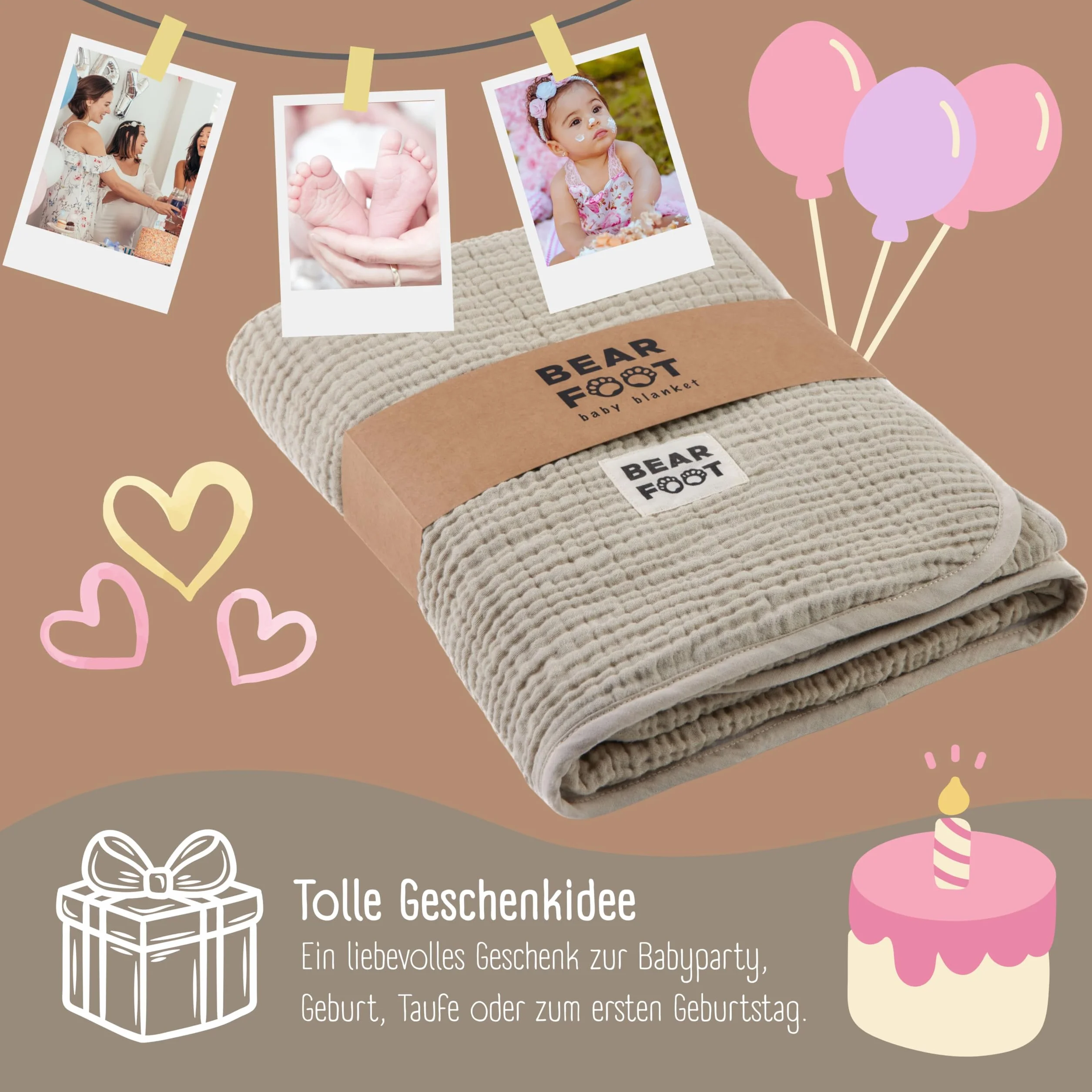 BEARFOOT Musselin Babydecke, Fleecedecke aus Baumwolle, flauschig (Summer Sand) | Flauschig weiche Kuscheldecke für Baby & Neugeborene, Geschenk für Junge & Mädchen zur Geburt