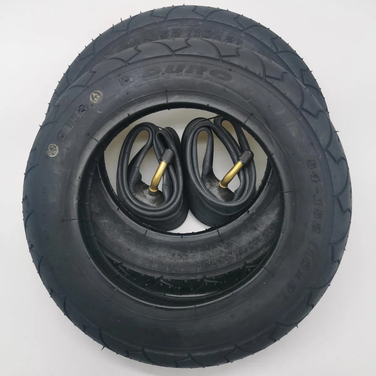Duro 2X Reifen 10 Zoll + AV abgewinkelt Schlauch | 10 x 2 | ETRTO 54-152 | Schwarz Decke Mantel Kinderwagen Fahrrad Buggy Roller Dreirad Schläuche Autoventil Schrader