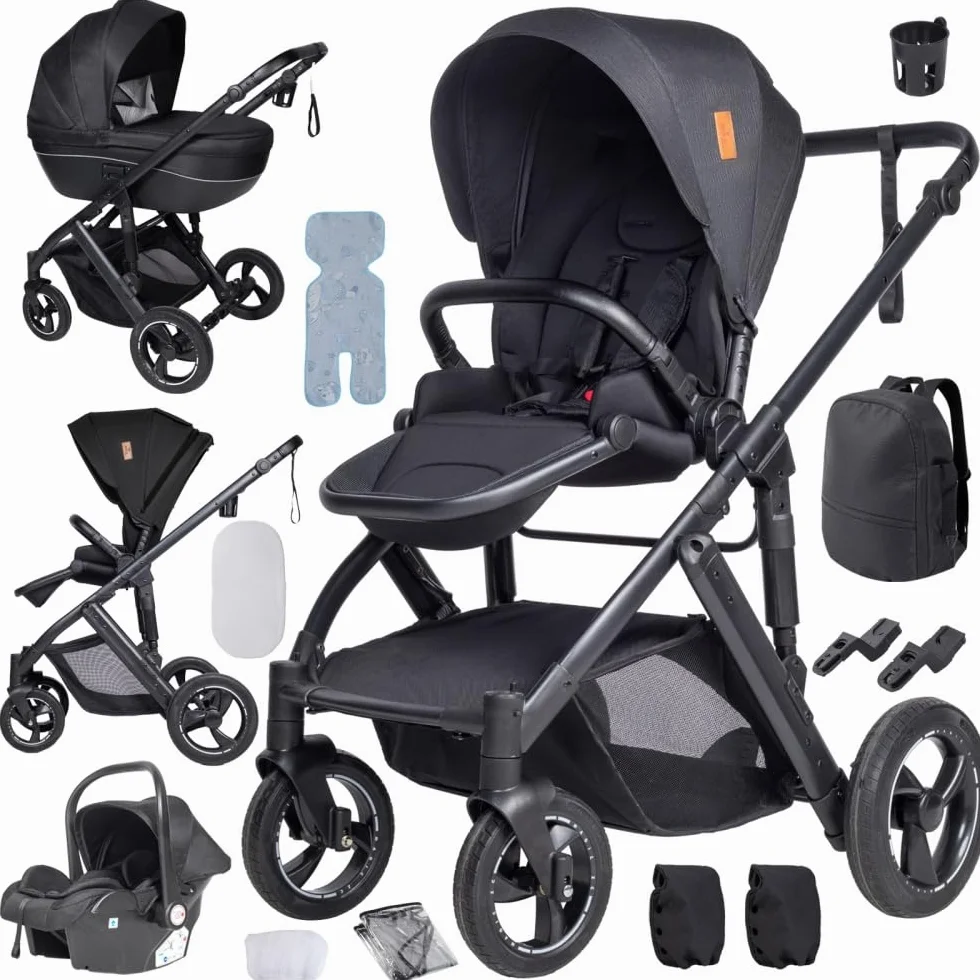 4 in 1 Kinderwagen Schwarz, Aluminiumrahmen, höhenverstellbarer Griff | Weiche Polsterung für erholsamen Schlaf. Stabiler Aluminiumrahmen und flexibler Schiebegriff