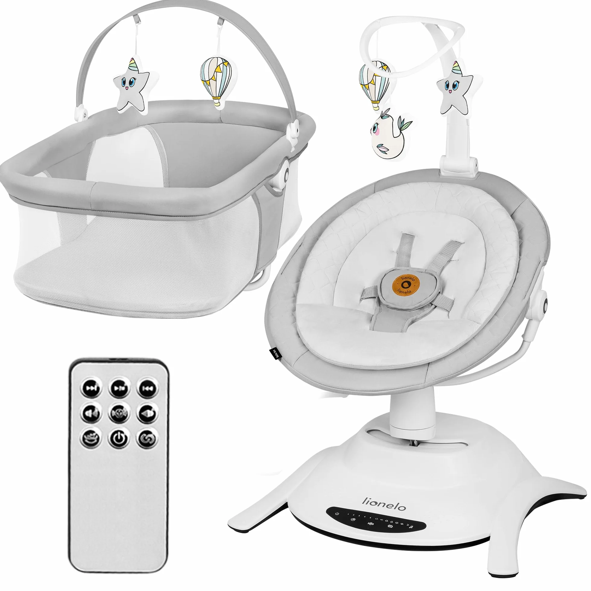 LIONELO Bella Set 2-in-1 Elektrische Babywippe mit Babywanne 360o für Babys bis 9 kg, verstellbare Rückenlehne, 5 Schaukelgeschwindigkeiten Anti-Rutsch Sicherheitsgurt