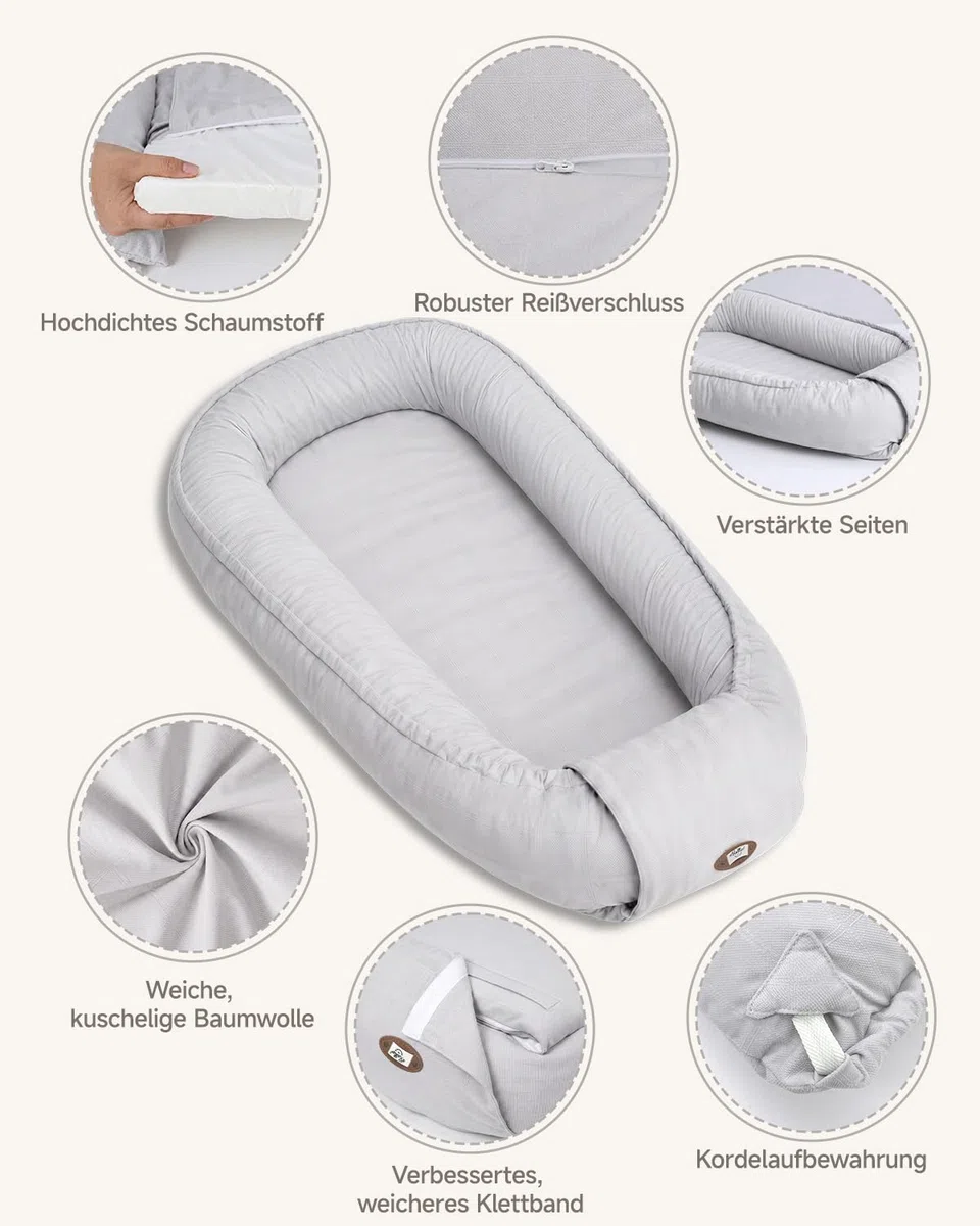 Babynest Neugeborene 95x56cm,Vollständig Abnehmbar Nestchen Baby,Waschbar Verstellbar Babynestchen Tragbar,Multifunktional Kuschelnest für Jungen und Mädchen,Grau