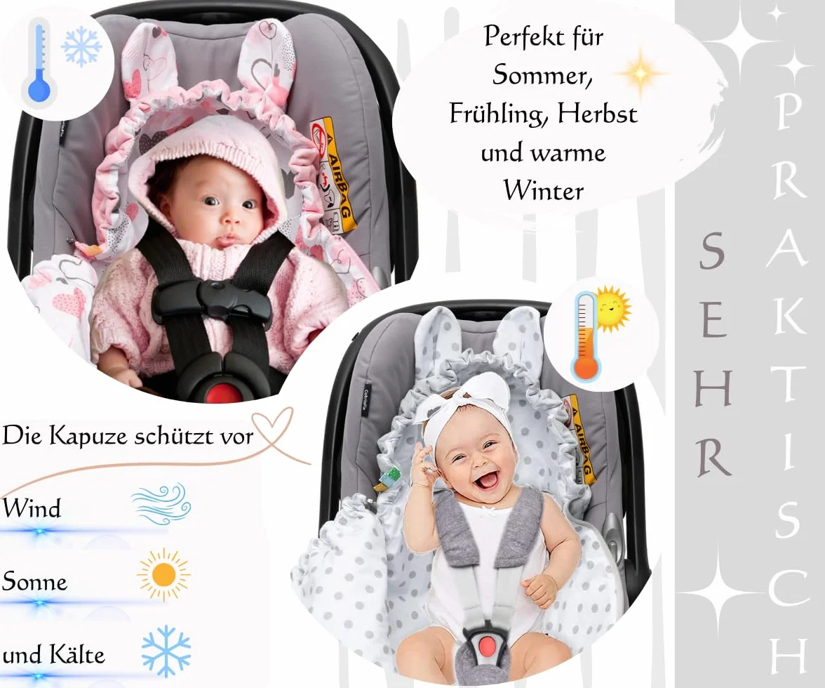 Mikos Einschlagdecke Babyschale Sommer mit Kapuze für Neugeborenes, für Kindersitz Kinderwagen, Autositz, z.B. für Maxi-Cosi, 3-Punkt Gurt Grau Pucksack für Babys, Kinderautositz (51)