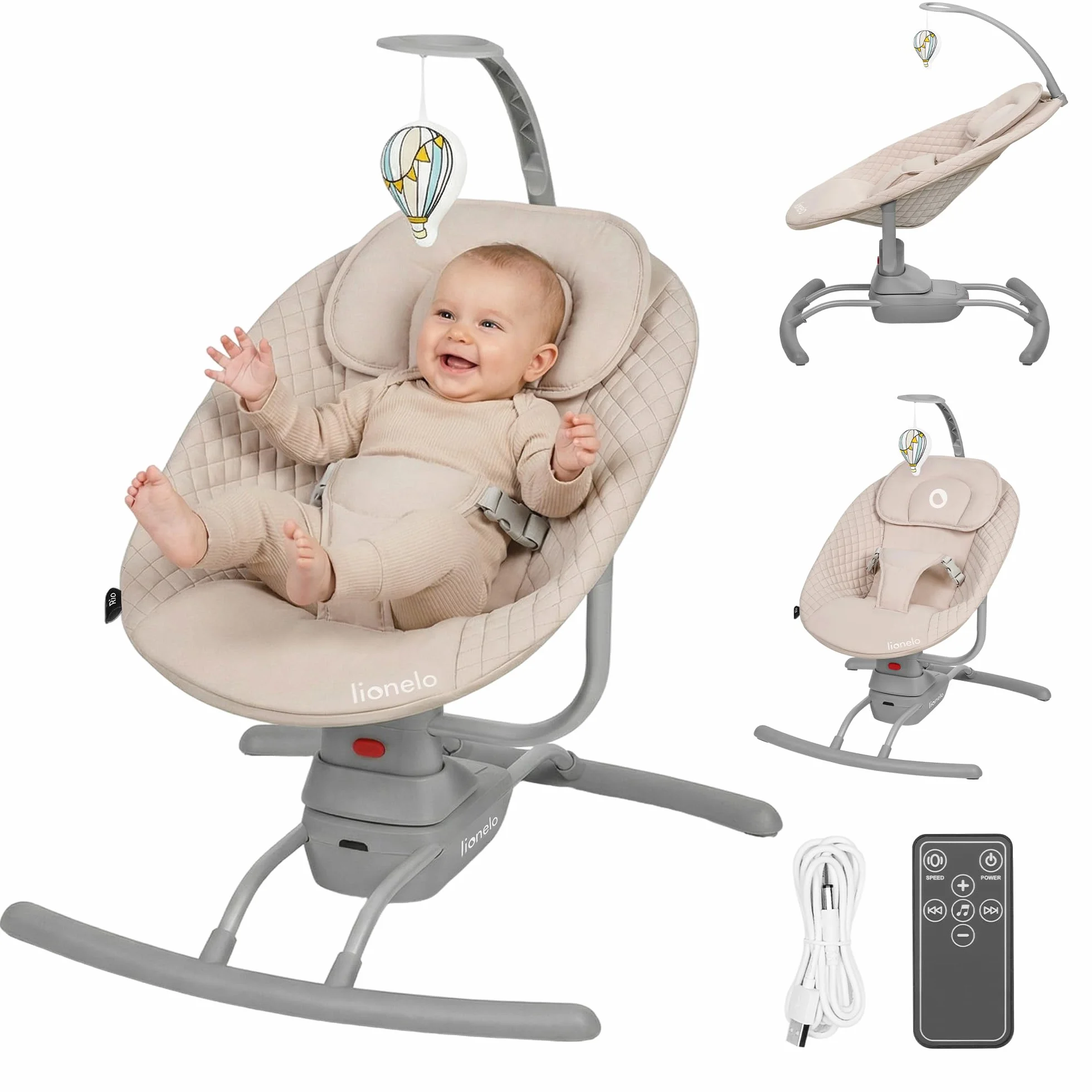 LIONELO RIO Elektrische Babywippe für Kleinkinder bis zu 9 kg | Verstellbare Rückenlehne 3 Wiegegeschwindigkeiten, Polster Sitzgurte Melodien und Geräusche der Natur Leichtes Gewicht 3,5 kg