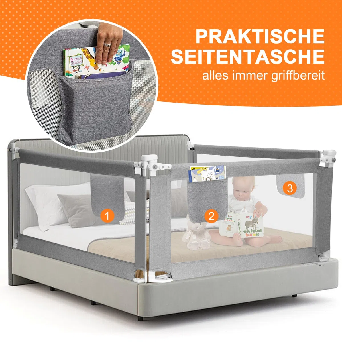 Rausfallschutz für Kinder - Bettgitter grau 2M Neues Muster Rausfallschutz Bett Gitter Rausfallschutz Schutzgitter für Kinderbetten bettgitter rausfallschutz-Deutscher Aufbauanleitung