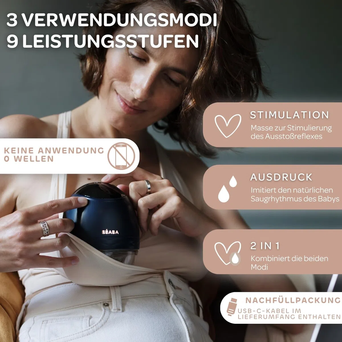 BÉABA, Elektrische freihändige Milchpumpe, Leicht, Kompakt, 3 Modi, 9 Stufen, 0 Wellen, Geräuschlos, Großes Fassungsvermögen 180mL, Timer, Memory-Funktion, 6 Sitzungen, USB C Ladegerät, Night blue