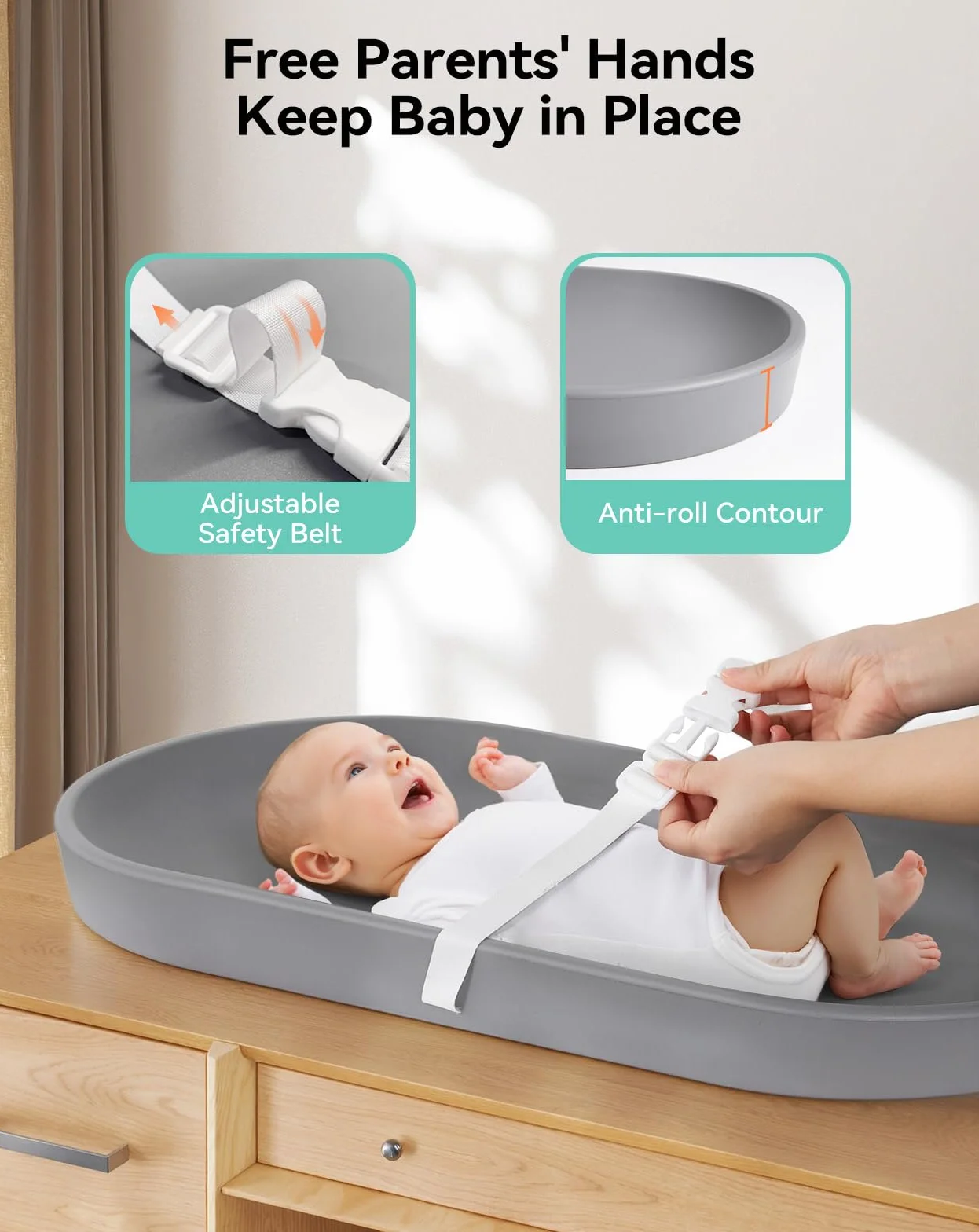 COMOMY Baby Wickelauflage Abwaschbar und Wasserdicht, Wickelunterlage auf PU-Material, Leicht und Weich Wickelmatte mit Sicherheitsgurt, 72,5x36 cm, für Kommode & Wickeltisch
