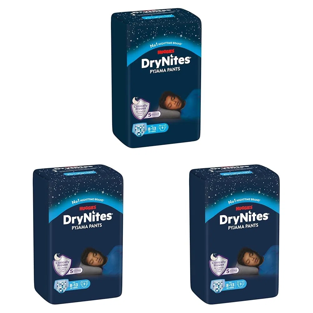 Huggies DryNites hochabsorbierende Nachtwindeln bei Bettnässen, für Jungen 8-13 Jahre (30-48 kg), 27 Stück (3 x 9 St.), Windel-Pants (Packung mit 3)