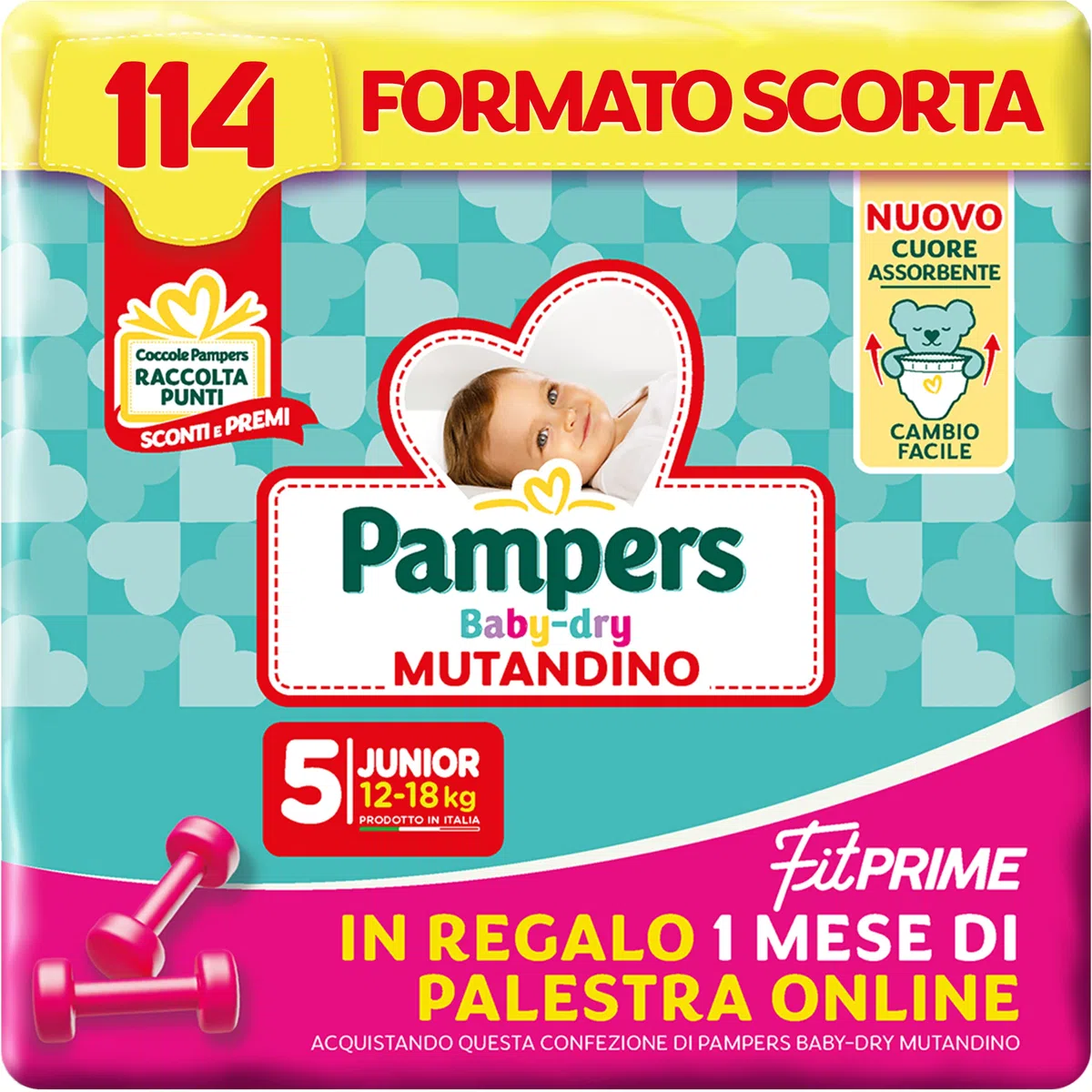 Pampers Baby Dry Höschen & Fit Prime Junior, Vorratsformat, 114 Windeln, Größe 5 (12-18 kg), 1 Monat Online-Fitnessstudio als Geschenk