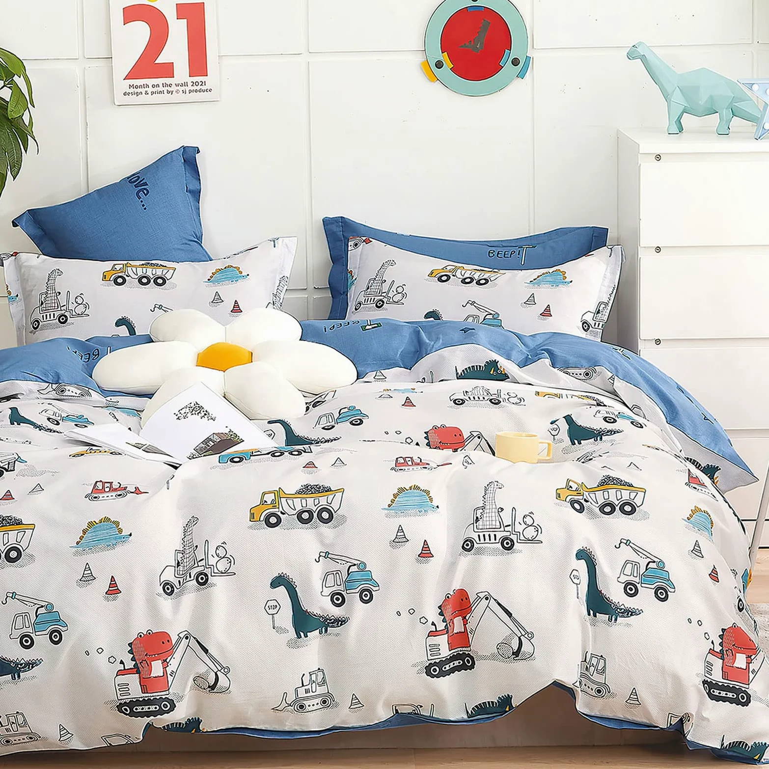 Kinderbettwäsche 135x200 für Jungen und Mädchen Süß Dinosaurier Muster Bettwäsche mit Reißverschluss Baumwolle 135x200cm+80x80cm 2tlg