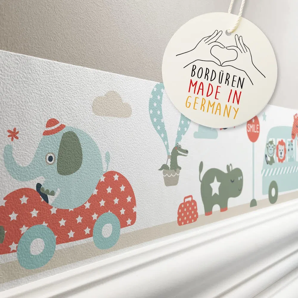 Bordüre selbstklebend TIERE ON TOUR MINT ROT BEIGE - Wandbordüre Kinderzimmer Babyzimmer mit Elefant im Auto - Wandtattoo Schlafzimmer Mädchen & Junge – Wanddeko Baby Kinder