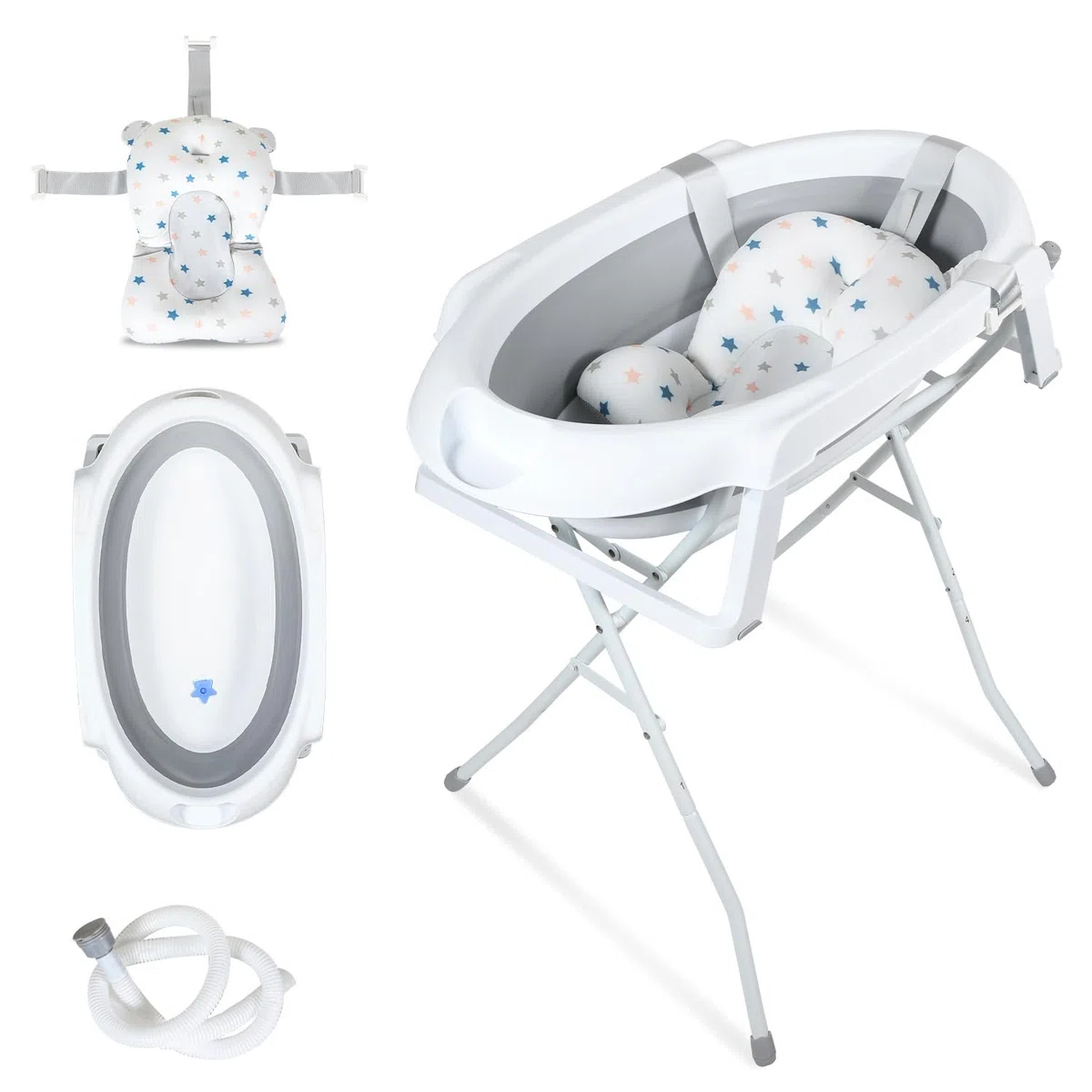 Ikodm Baby Badewanne mit Gestell, Faltbare Babybadewanne mit Rutschfestem Ständer, Baby Wanne mit Badematte, Badewanneneinsatz Baby für Neugeborene Kleinkinder, Grau