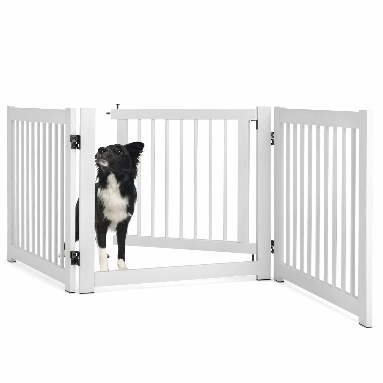 COSTWAY 3-teiliges Absperrgitter Hunde, Freistehendes Hundegitter mit Tür, 61cm hoch, Schutzgitter Holz, Treppengitter Kindergitter klappbar, Hundeabsperrgitter für Kamin & Treppe (Weiß)