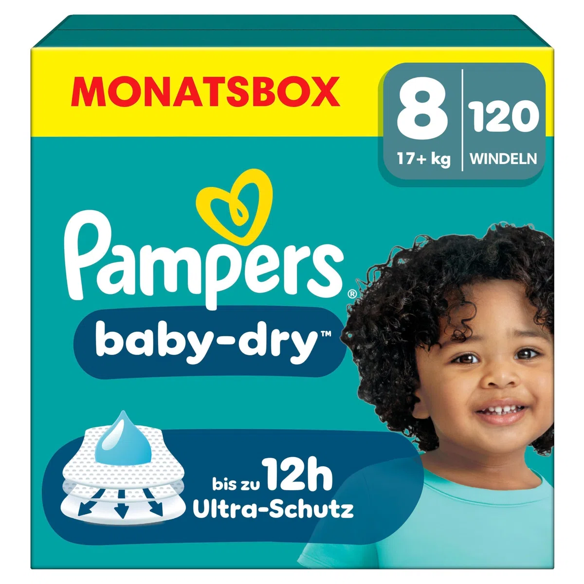Pampers Baby-Dry Windeln Größe 8, 17kg+, 120 Stück, Auslaufschutz die ganze Nacht