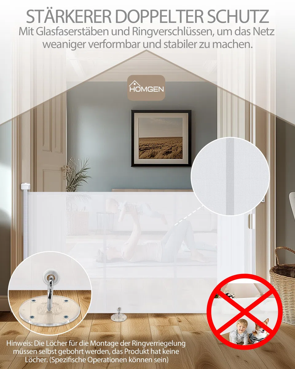 HOMGEN Treppenschutzgitter Türschutzgitter Kindergitter – Ausziehbar 0-300CM, Schutzgitter für Hunde Kinder, Einhandbedienung, Verstellbare Breite, Glasfaserverstärkt, Für Treppen, Türen- Weiß