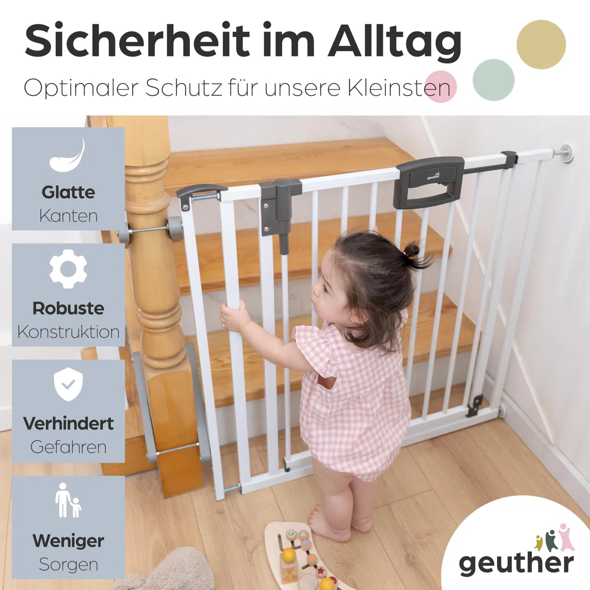 Geuther Treppenschutzgitter Easylock Plus | Türschutzgitter ohne Bohren inkl Klemmen | Breite 84,5-92,5 cm | Türgitter Baby Holz-Metall | Kinderschutzgitter beidseitig öffnend | Kindersicherung | Weiß