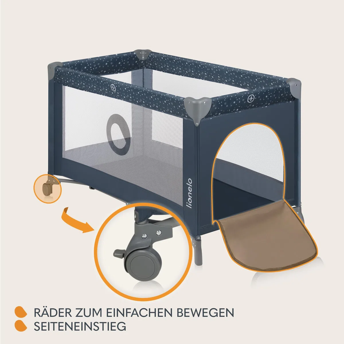 Lionelo Stefi Baby Kinderbett, Reisebett ab Geburt bis 15 kg, Seiteneingang, Sicherungssystem LockGuard, Blockade der Räder, Tragetasche, zusammenklappbar