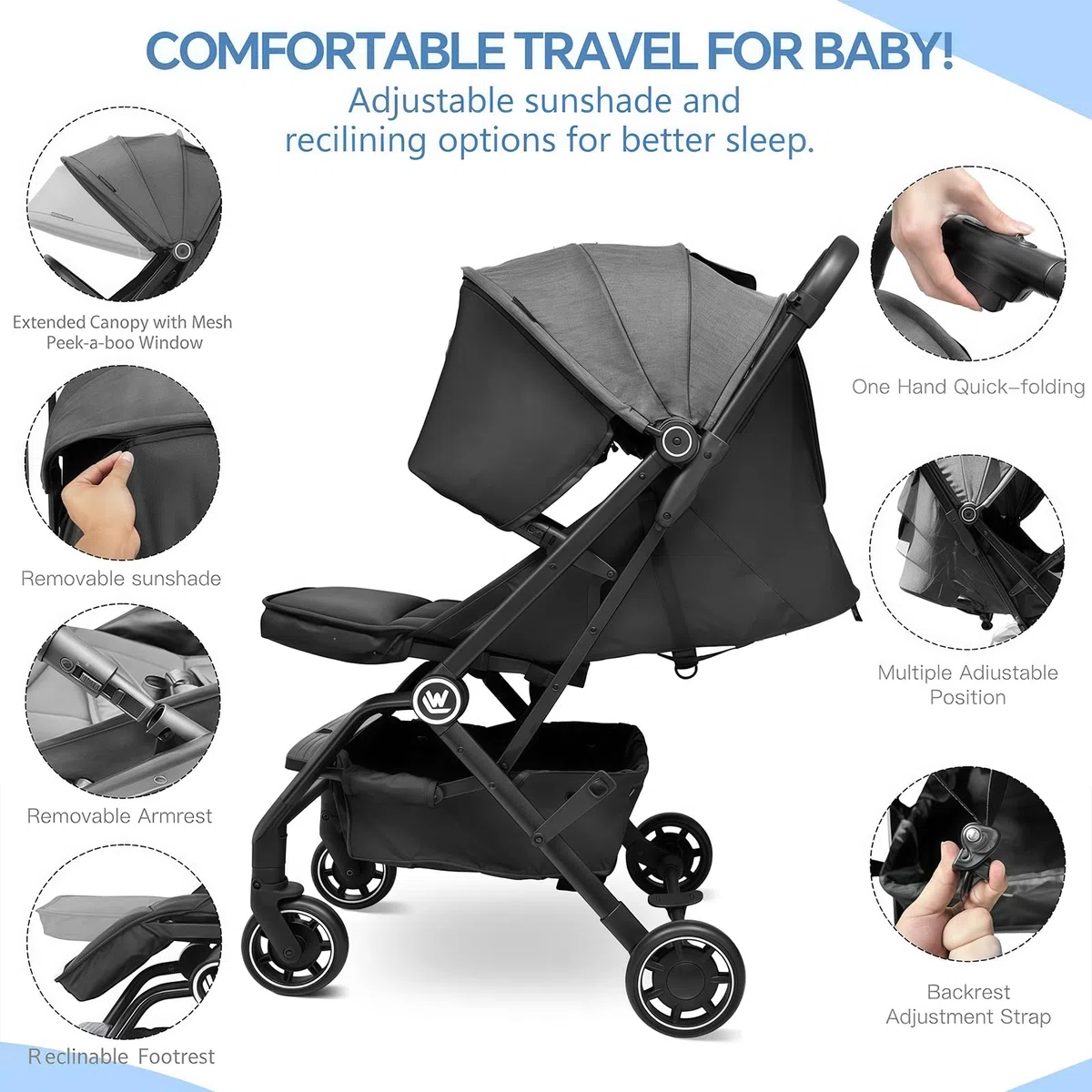Leichter Kinderwagen, Kompakter Reisebuggy mit Ausziehbarem Fußsack & Schlafverdeck, Einhand-Einfaltbarer Buggy, Verstellbarer Sitz für Kleinkinder 0-36 Monate