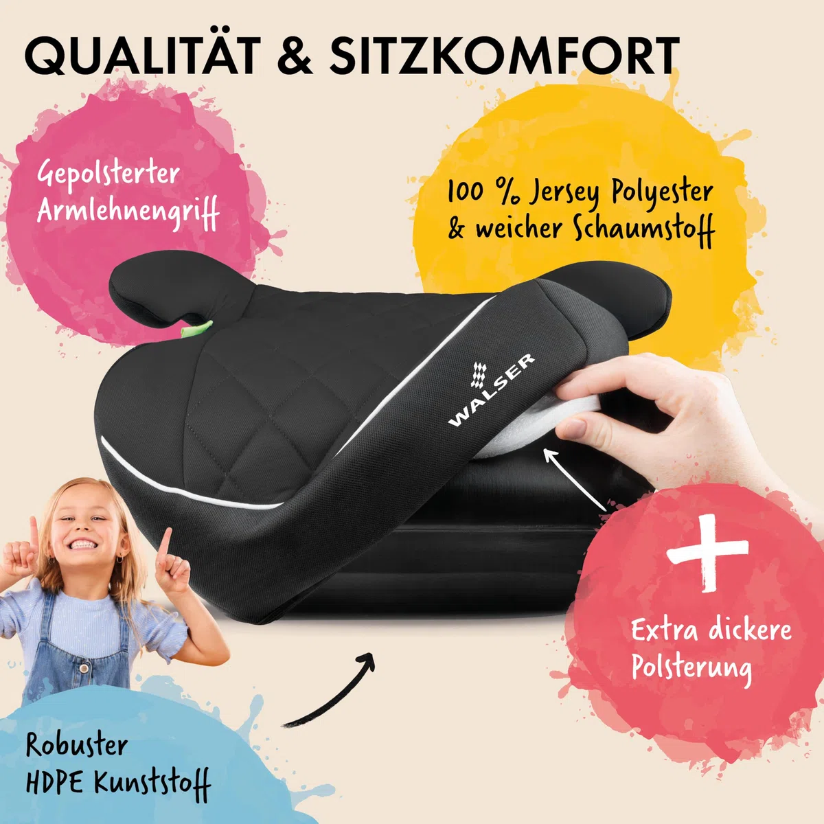WALSER Premium Sitzerhöhung Auto Kinder ISOFIX i-Size 125-150 cm Booster Seat ECE R 129 schwarz