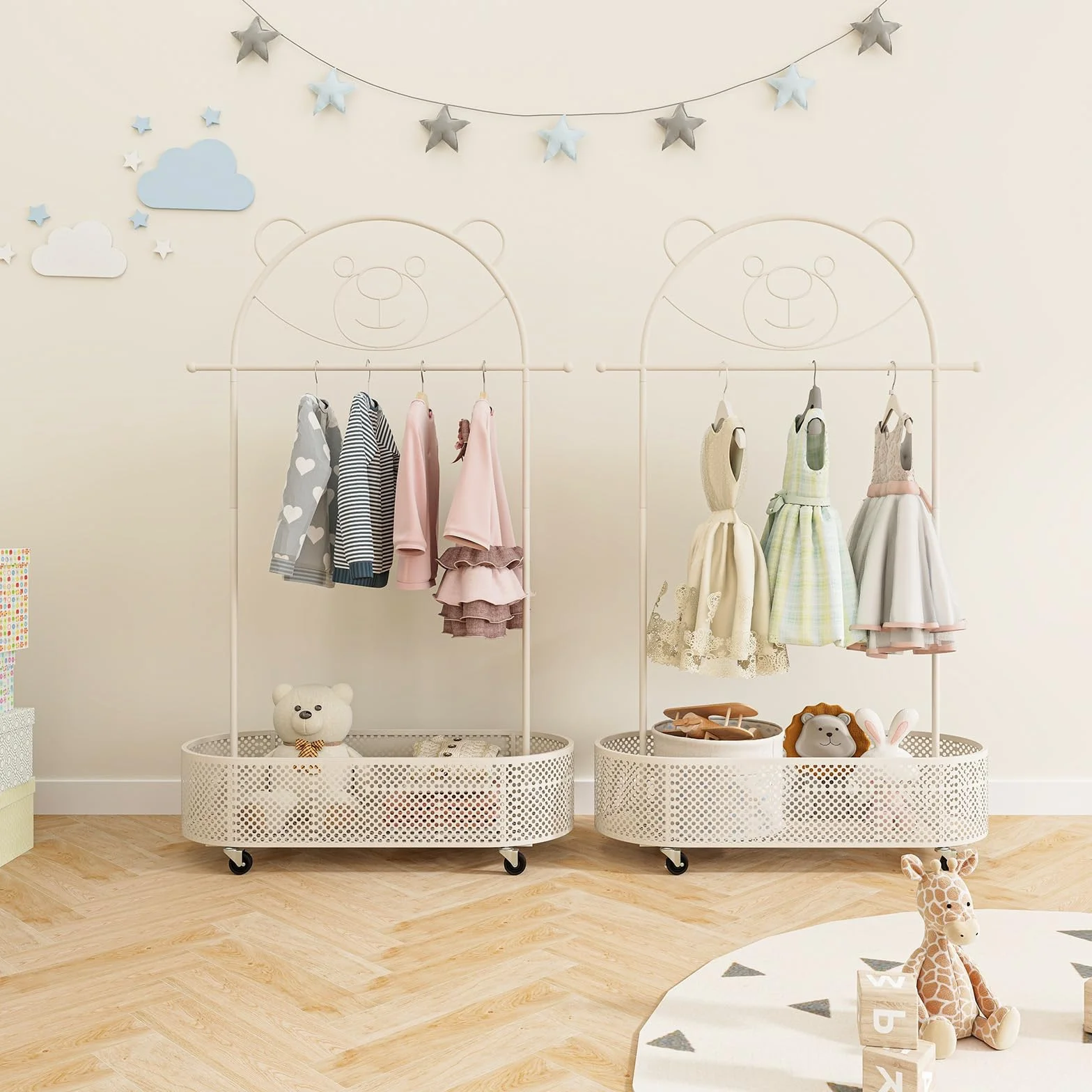 DREAMADE Kinder Kleiderständer mit Ablage & Kleiderstange, freistehender Kinder Kleiderstange auf Rollen, Höhenverstellbare Kindergarderobe aus Metall für Kinderzimmer Rosa (Weiß)