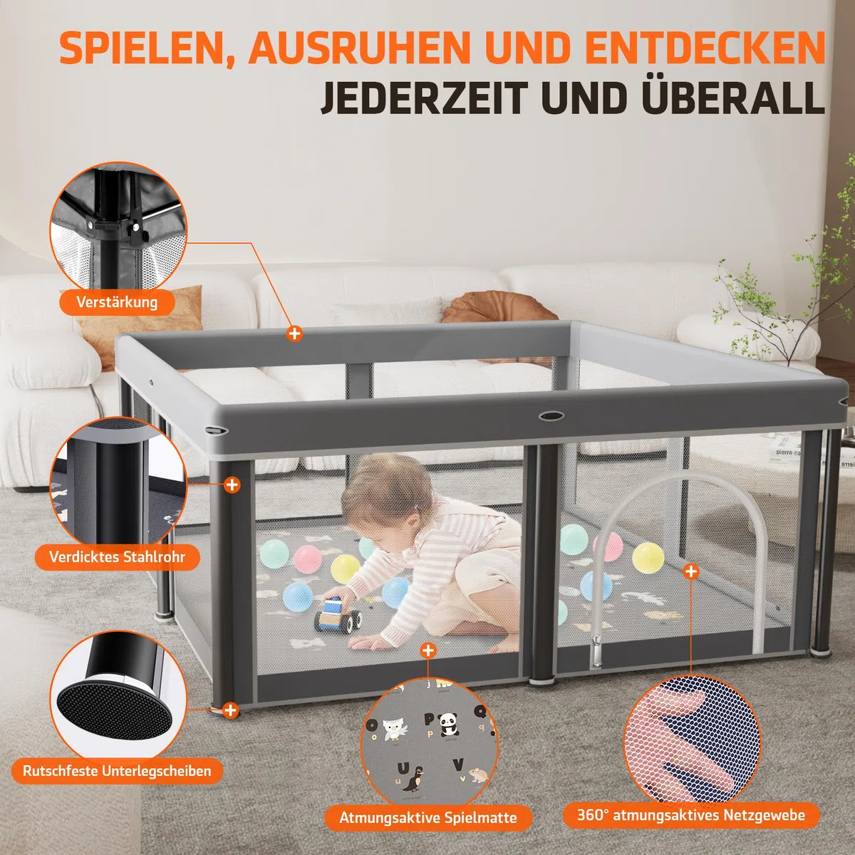 laufstall baby faltbar mit Matte,127x127,zusammenklappbarer Laufstall für Babys und Kleinkinder,Sicherheitslaufstall für Kinder im Innen-und Außenbereich,tragbarer Reiselaufstall und 30 Ozeanbällen