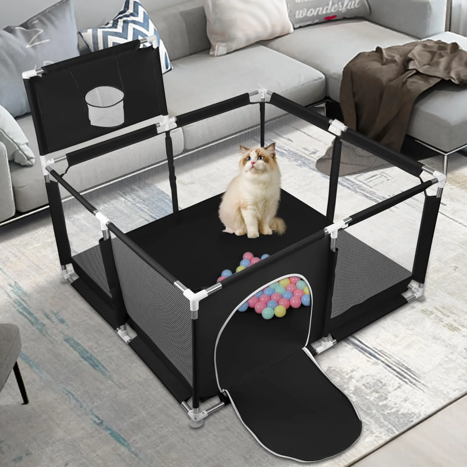 Laufgitter für Babys, modular, großer Laufstall klein, Spielplatz mit Ball, modular, faltbar, großer Laufstall mit Reißverschluss 126 x 126 x 66 cm, schwarz