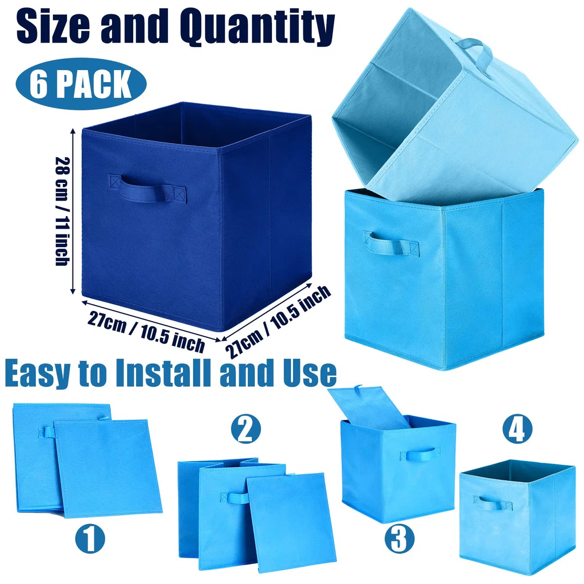Karenhi 6 Stück 27,9 x 26,7 x 26,7 cm Stoff-Aufbewahrungskörbe Aufbewahrungswürfel Organizer mit Griffen, faltbare Regalkörbe für Zuhause, Kinderzimmer, Schrank, Cubby, Spielzeug, Tuch (blau)