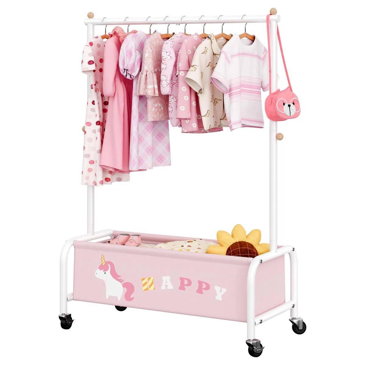GRANNY SAYS Kleiderständer Kinder mit Aufbewahrungskiste, Kinder Kleiderstange auf Rollen, rosa Kindergarderobe stehend, robuste Jackenständer Kinderkleiderschrank für Baby- & Kleinkinderzimmer
