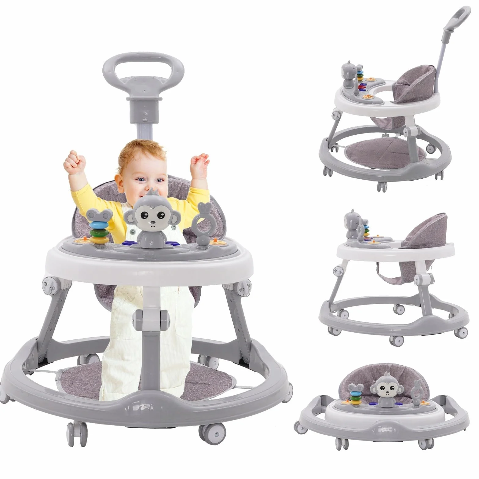 Lauflernhilfe Babywalker 5in1,mit Musikalisches Spielzeug und Herausnehmbarem Essteller,360-Grad-Rädern ohne Geräuschentwicklung,Faltbare Lauflernwagen Laufhilfe babys ab 0+ Klappbar Grau
