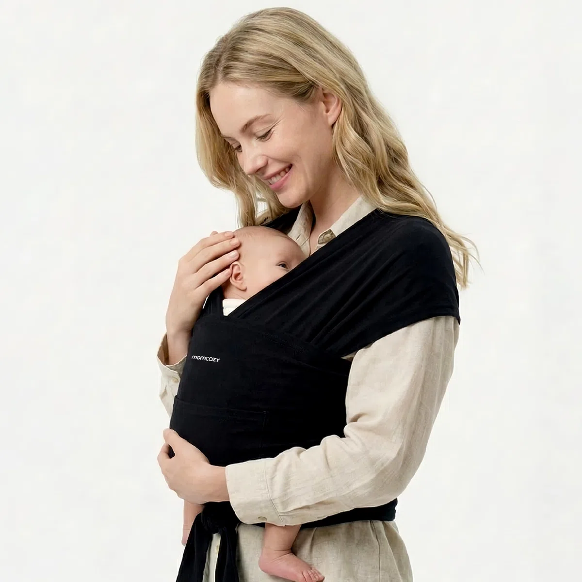 Momcozy Baby Wickeltrage für 3,6-15 kg, leicht zu tragende Babytragetücher von Neugeborene, verstellbare Babytragen für Neugeborene bis Kleinkinder, Schwarz