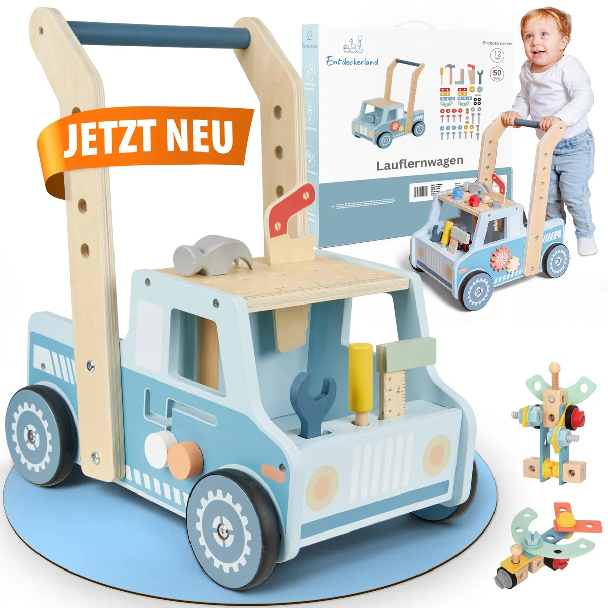 Lauflernwagen aus Holz – Stabiler Schiebewagen mit gebogenem Griff – Motorikspielzeug für Jungen & Mädchen – Montessori Spielzeug ab 1 Jahr - 3 in 1 Walker