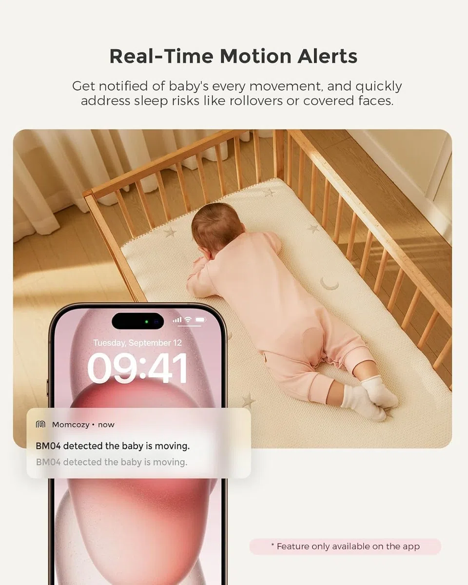 momcozy Babyphone mit 2 Kamera App, 5 Zoll WLAN Video Babyphone mit Kamera und Audio, 4×Zoom, Bewegungs und Weinenkennung, sicherer Zaun, klare Nachtsicht, 2-Wege-Gespräch, Foto & Videoaufzeichnung