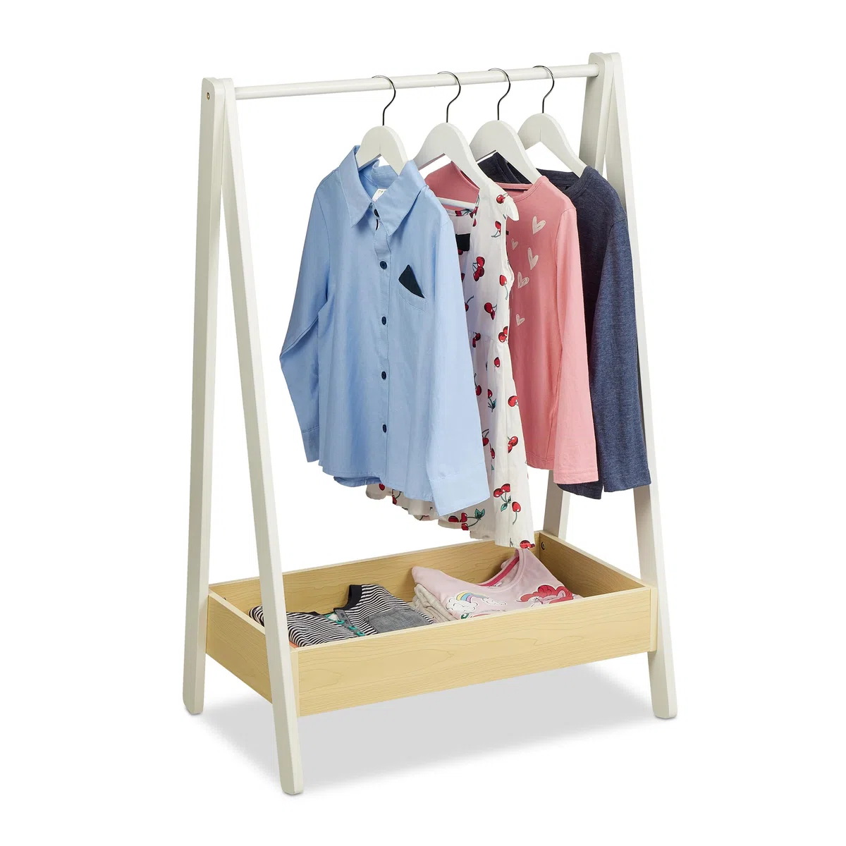 Relaxdays Kleiderständer Kinder, Standgarderobe, HxBxT 99x64,5x42,5 cm, Kleiderstange & Ablage, Kinderzimmer, weiß/natur