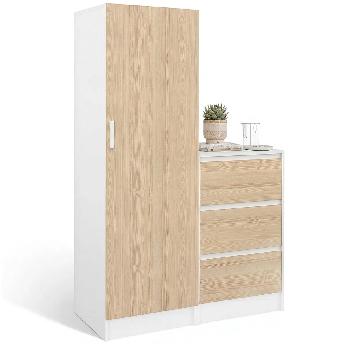 IDMarket 1-türiger Kleiderschrank Ambre mit Kommode 3 Schubladen 100 cm Buche Weiß
