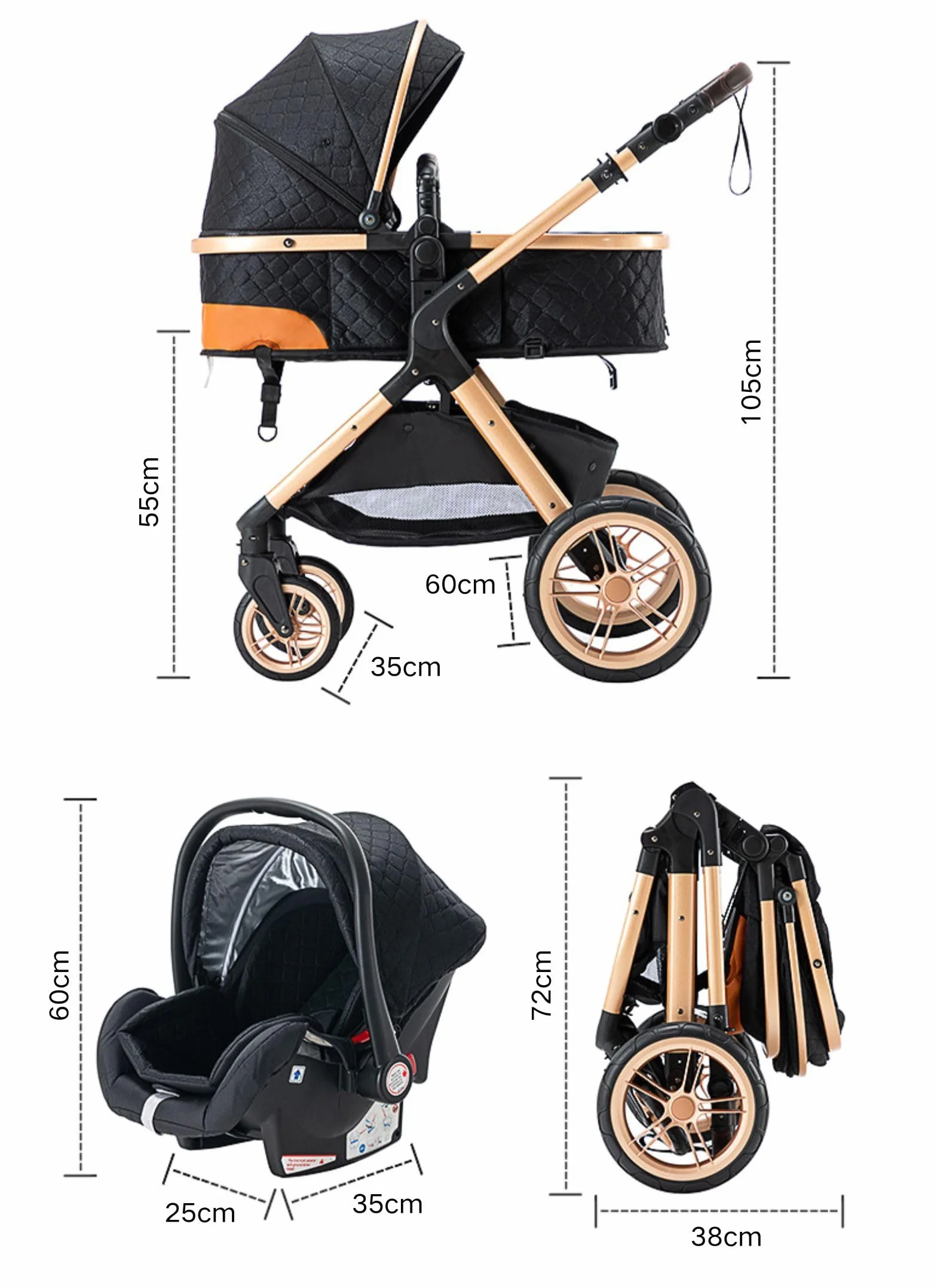 kinderwagen 3 in 1, Zusammenklappbarer Kinderwagen KombiKinderwagen Aluminiumrahmen für Neugeborene Getränkehalter Moskitonetz Regendecke Sitz Windelbeutel (3 in 1 XX1 Creme)