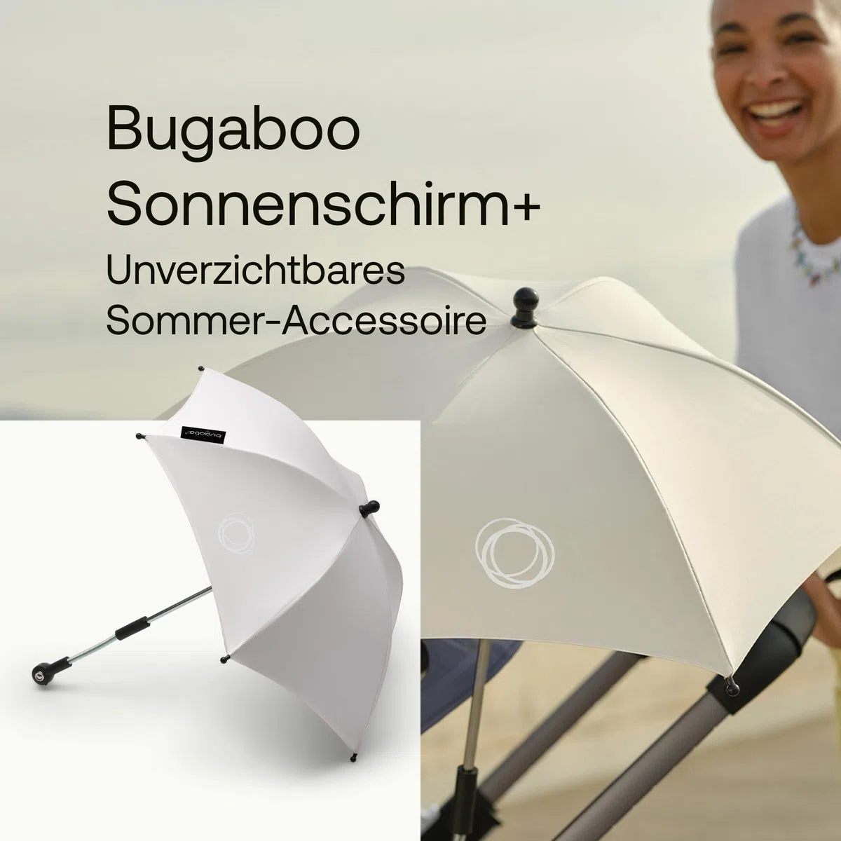 Bugaboo Sonnenschirm+, kompatibel mit allen Bugaboo Kinderwagen, mit UPF 50+ Schutz gegen UV-Strahlen, große Schattenfläche, Verbindung mit einem Klick & leicht verstellbarer Mechanismus, Fresh White | mit UPF 50+ UV Schutz, große Schattenfläche, Verbindu