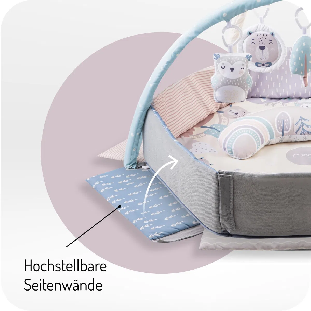 MoMi PASTEL Spielbogen mit Krabbelmatte 3-in-1 für Babys ab der Geburt, sensorische Aktivitätsmatte mit 2 Bogen, Bällchen-Bad, 5 Spielzeugen, 20 Bällchen mit Tasche, Krabbelkissen