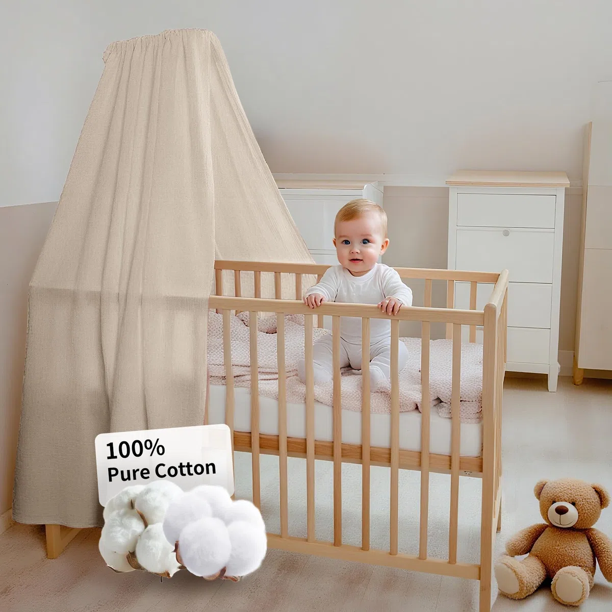 Babybettbezug, handgefertigt aus 100% Baumwollmusselin, Stoffbezug für die heimische Bettdekoration (ohne Bettgitter), geeignet für Jungen und Mädchen (140 x 270 cm, Hellbeige)
